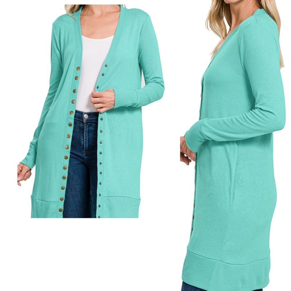 #308 THIGH-LENGTH SNAP BUTTON CARDIGAN  w/ RIBBED DETAIL